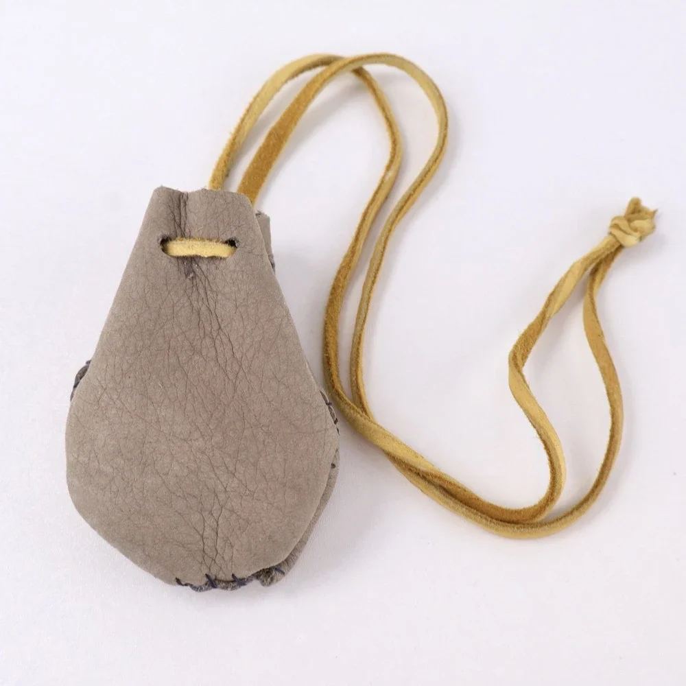 Vintage Hand Stitched Leather Medicine Bag Necklace Drawstring Pouch Wood 16